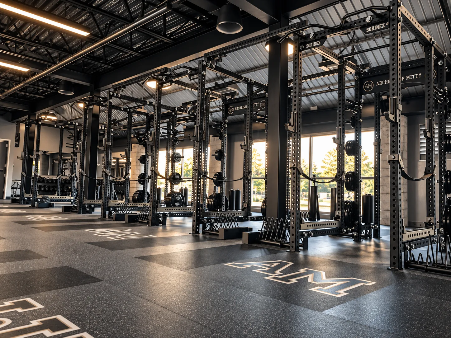 An organized sports performance facility with clear aisles, aligned racks, and neatly stored equipment.