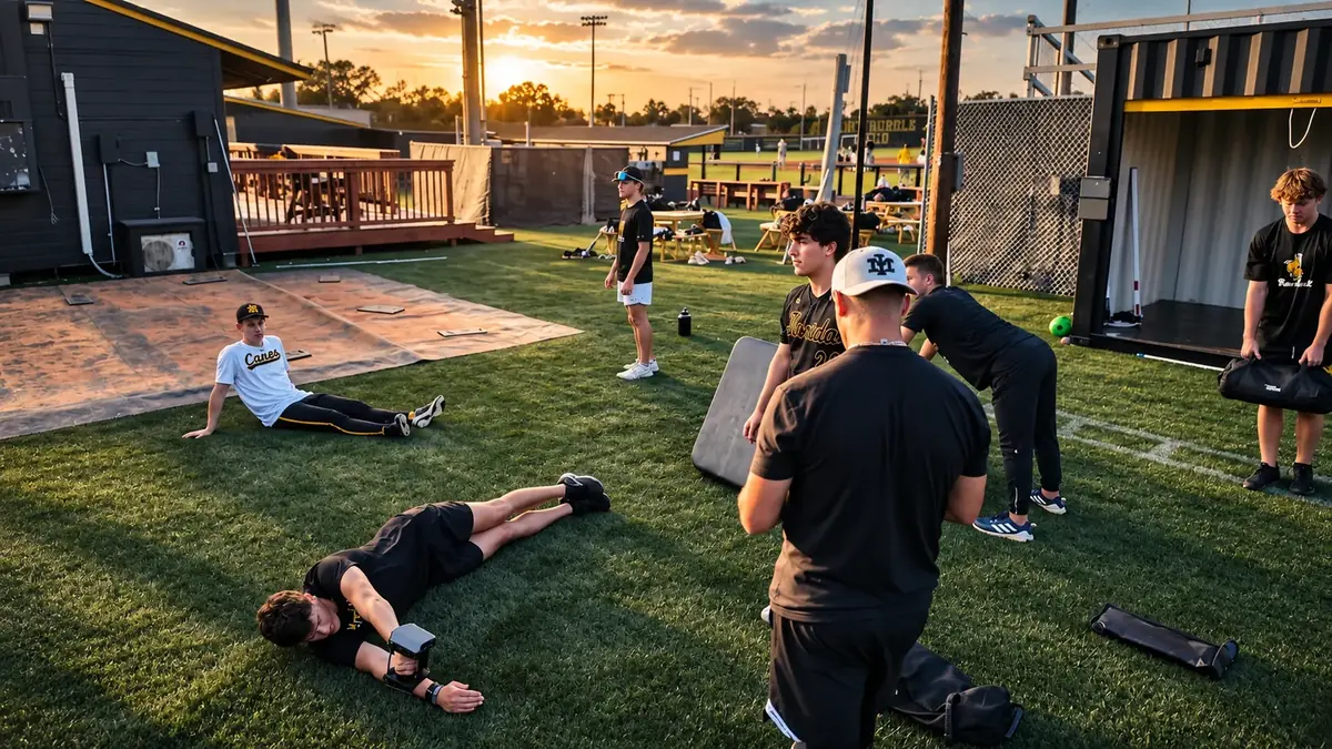 High school athletes training and recovering around a FLXPOD performance unit at sunset