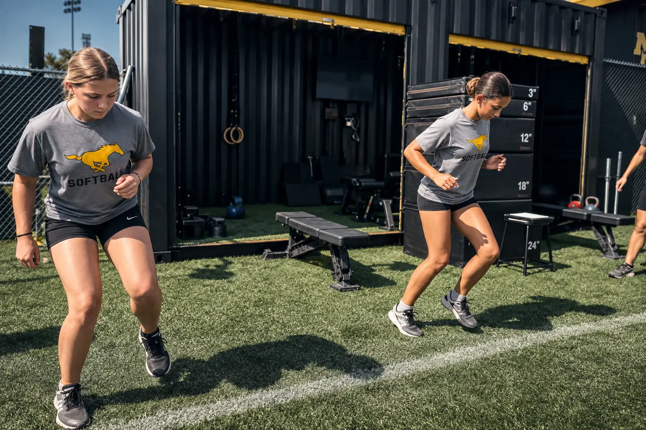 Athletes transitioning between field practice and training beside the open FLXPOD