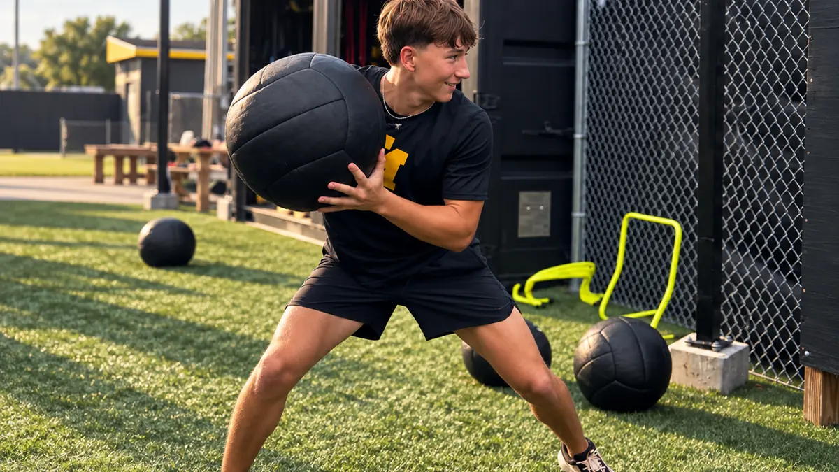 Athlete holding a medicine ball beside a FLXPOD strength and conditioning setup