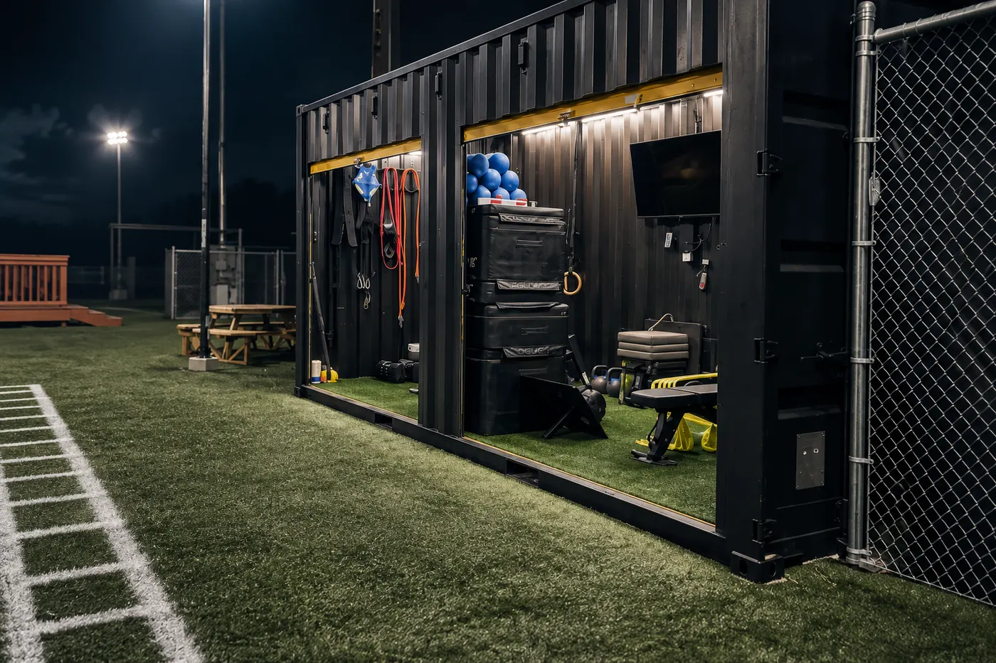 The first FLXPOD illuminated beside an athletic field