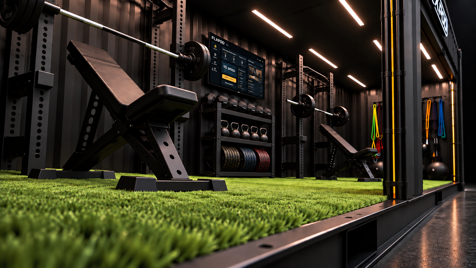 Turf and equipment within a FLXPOD training space