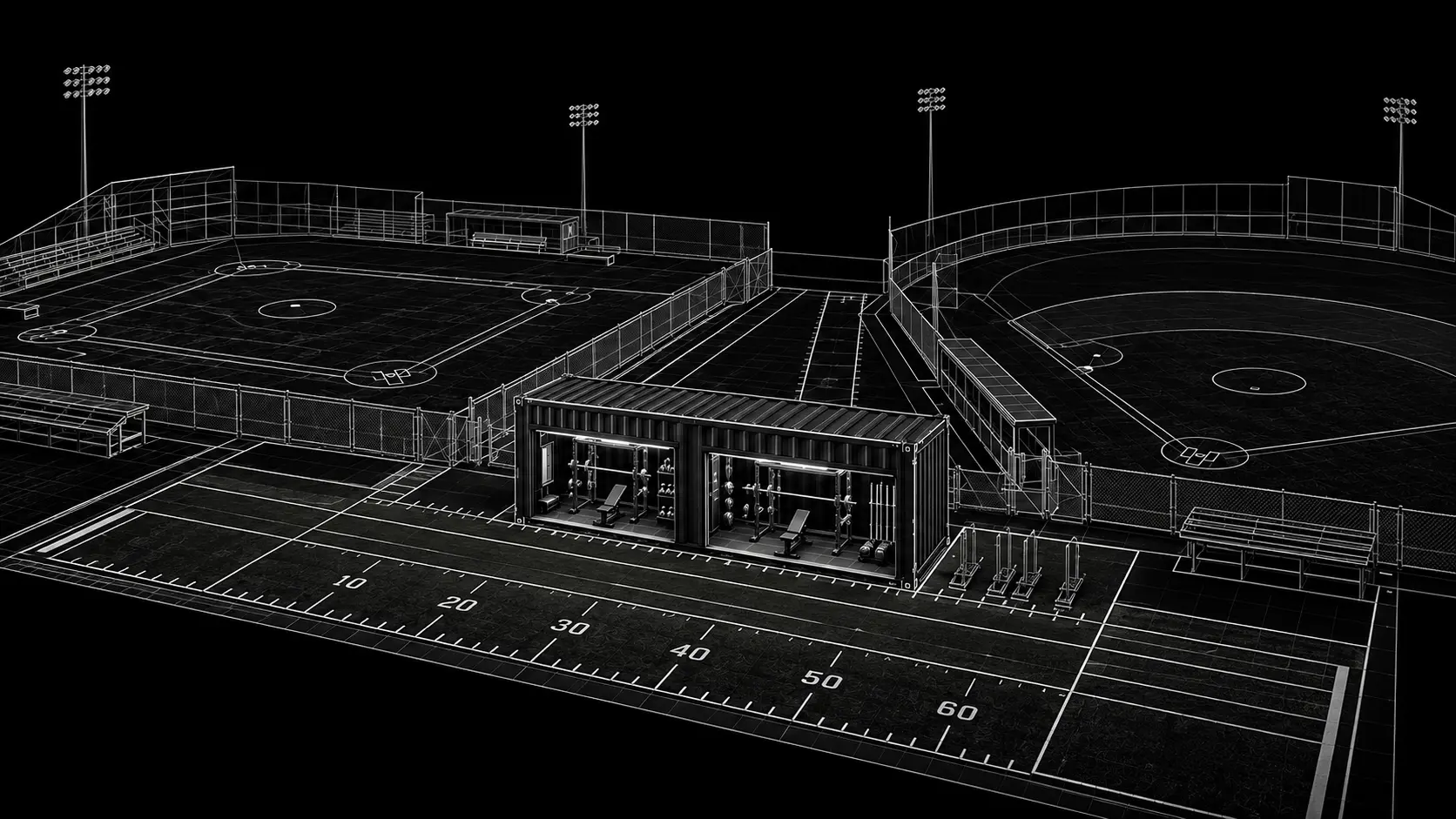 Technical field layout showing a FLXPOD positioned beside baseball and softball practice fields